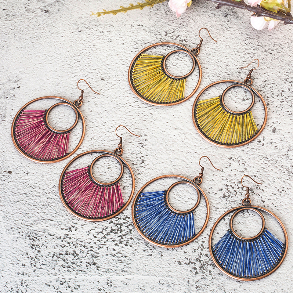 Women'S Boho Round Shaped Drop Earrings With Decorative Fiber Strings 6