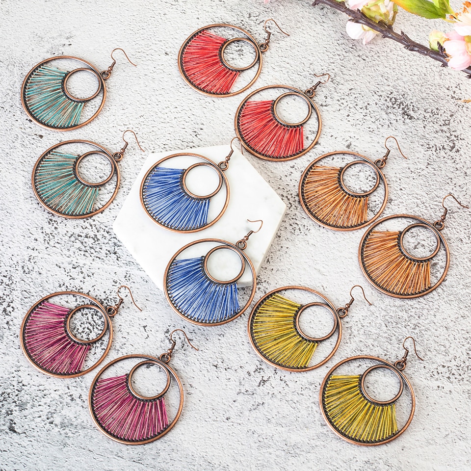 Women'S Boho Round Shaped Drop Earrings With Decorative Fiber Strings 5