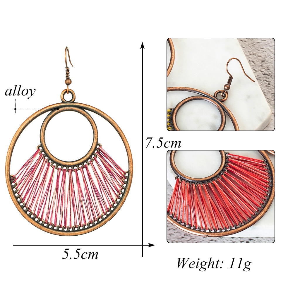 Women'S Boho Round Shaped Drop Earrings With Decorative Fiber Strings