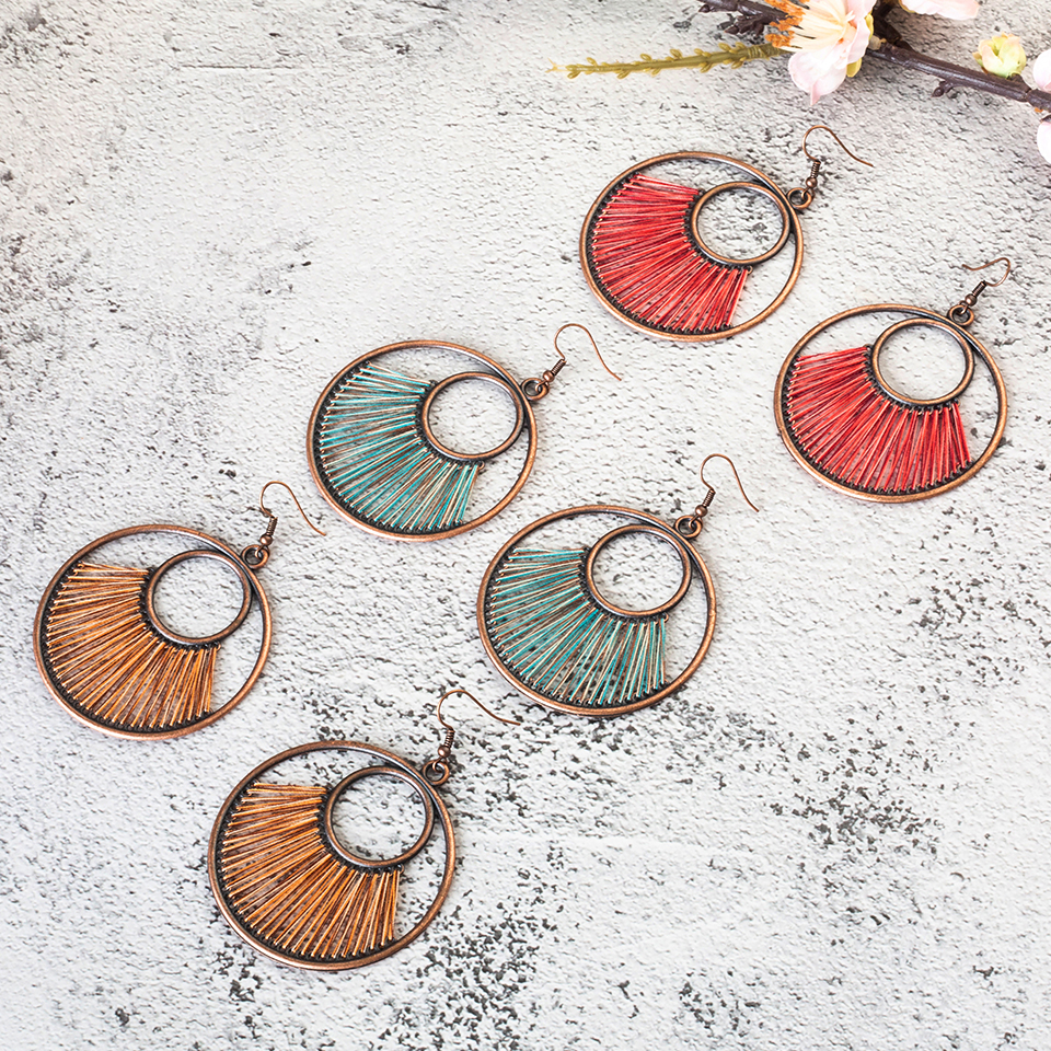 Women'S Boho Round Shaped Drop Earrings With Decorative Fiber Strings 7