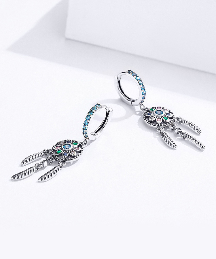 Women'S Sterling Silver Bohemian Dream Catcher Shaped Drop Earrings 4