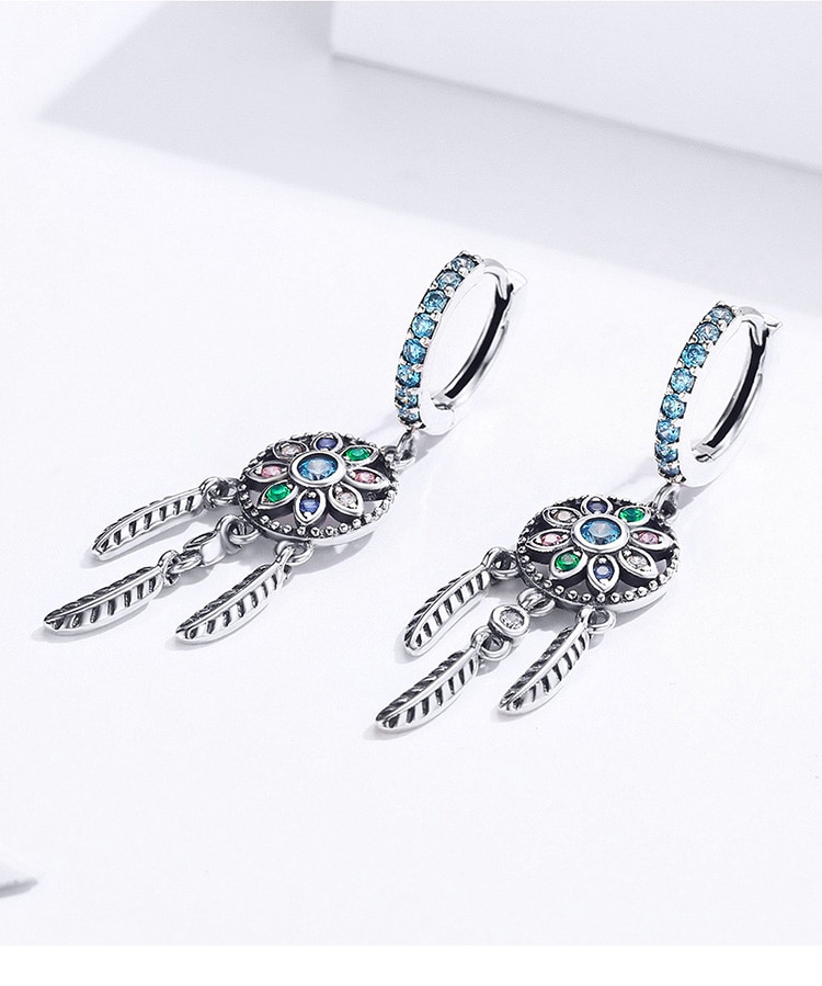 Women'S Sterling Silver Bohemian Dream Catcher Shaped Drop Earrings 5