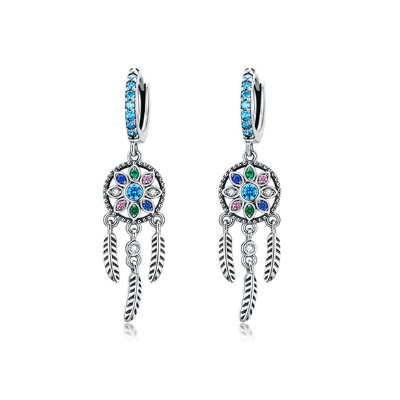 Women'S Sterling Silver Bohemian Dream Catcher Shaped Drop Earrings