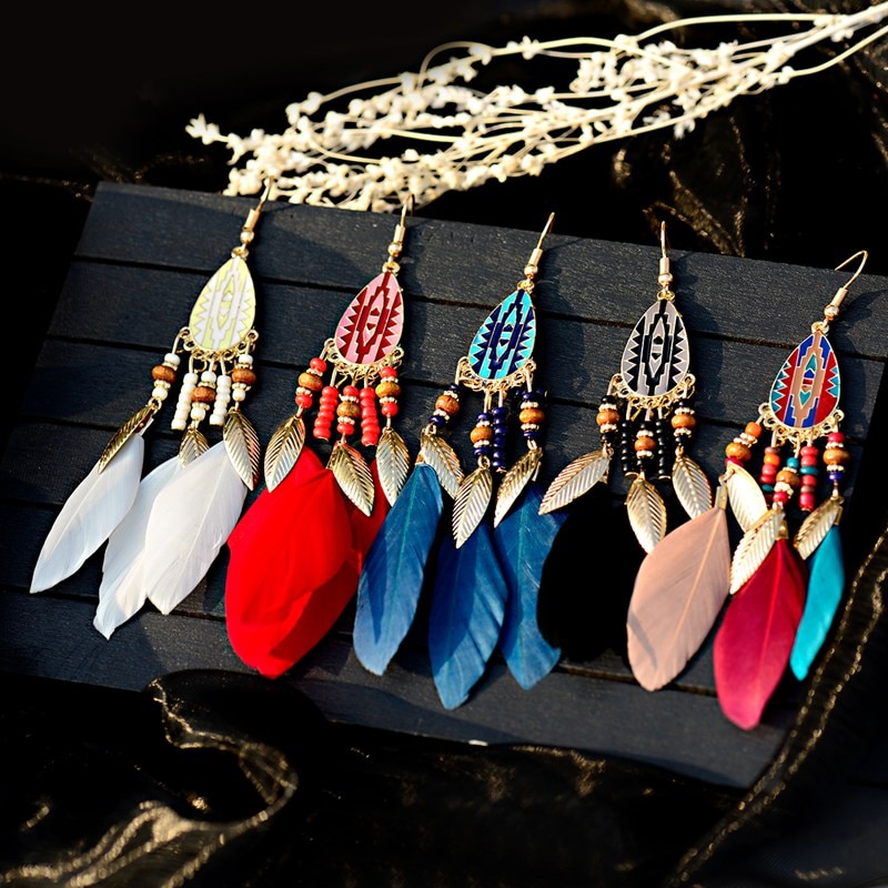 Women'S Bohemian Feather Tassel Earrings
