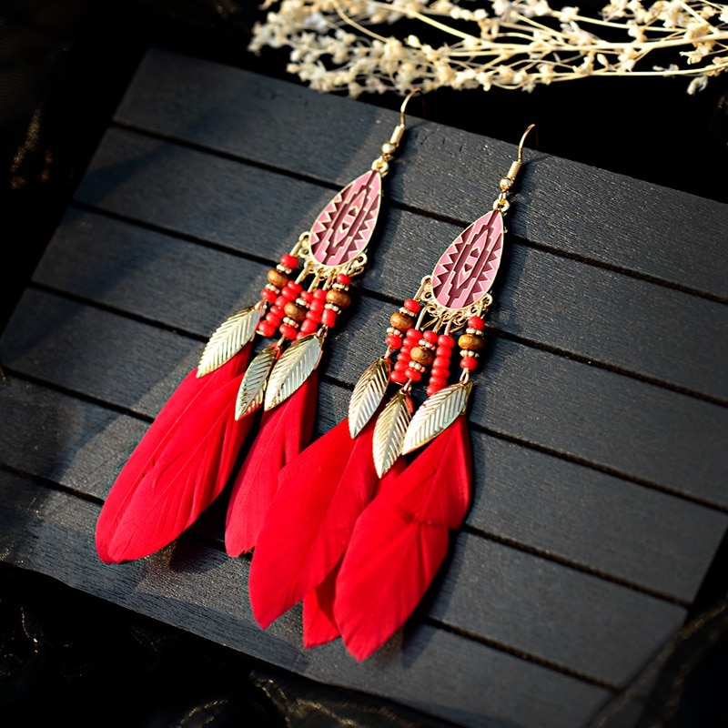 Women'S Bohemian Feather Tassel Earrings