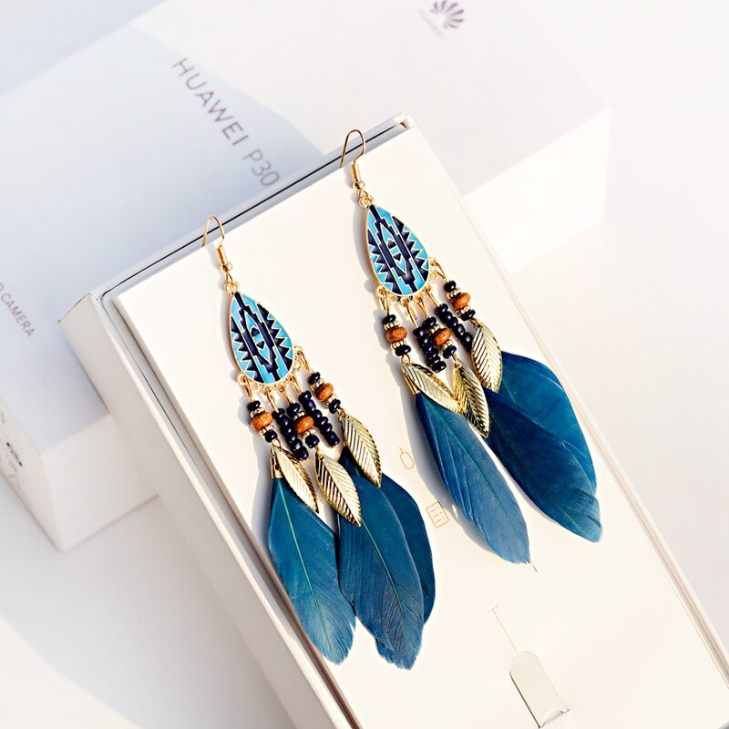 Women'S Bohemian Feather Tassel Earrings