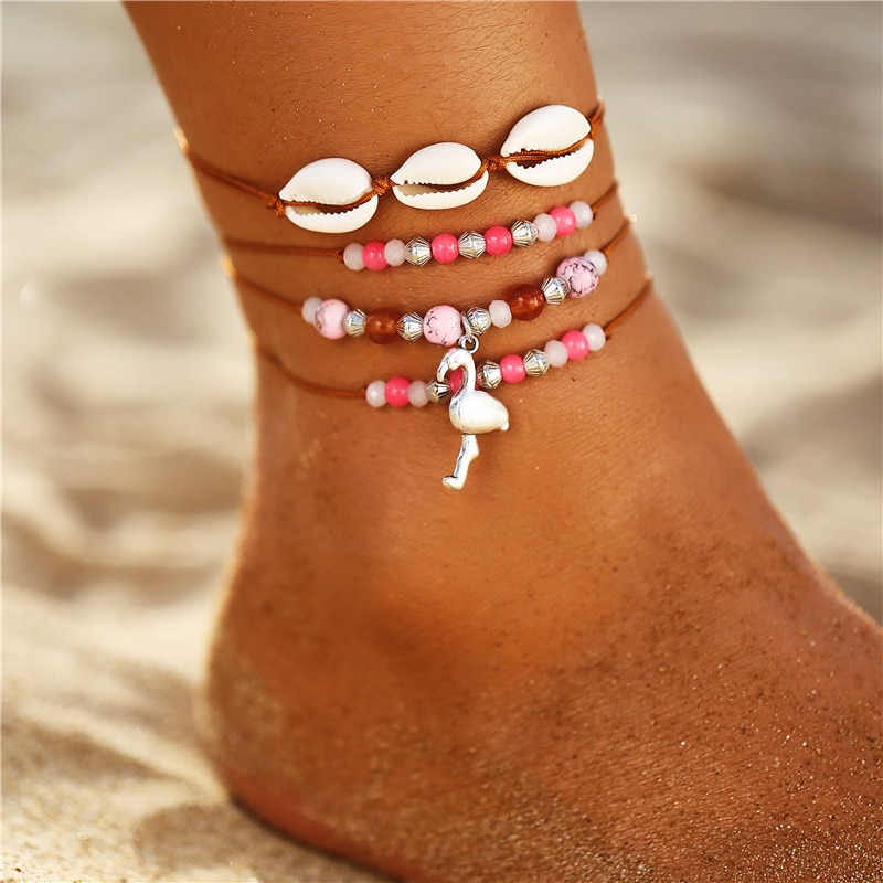 Women'S Boho Sea Shell Decorated Anklets Set 4