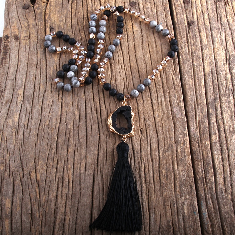 Bohemian Knotted Druzy Stone Tassel Necklace 5