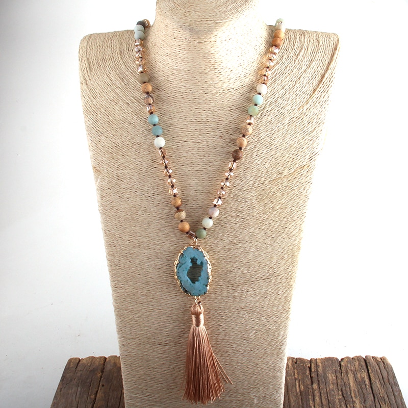 Bohemian Knotted Druzy Stone Tassel Necklace