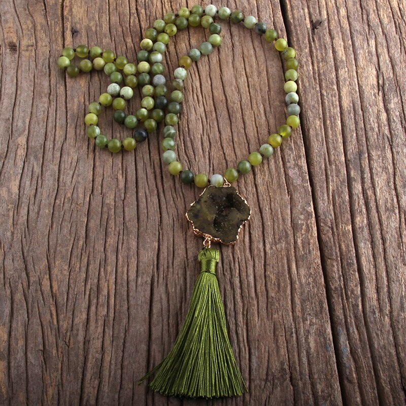 Bohemian Knotted Druzy Stone Tassel Necklace 4