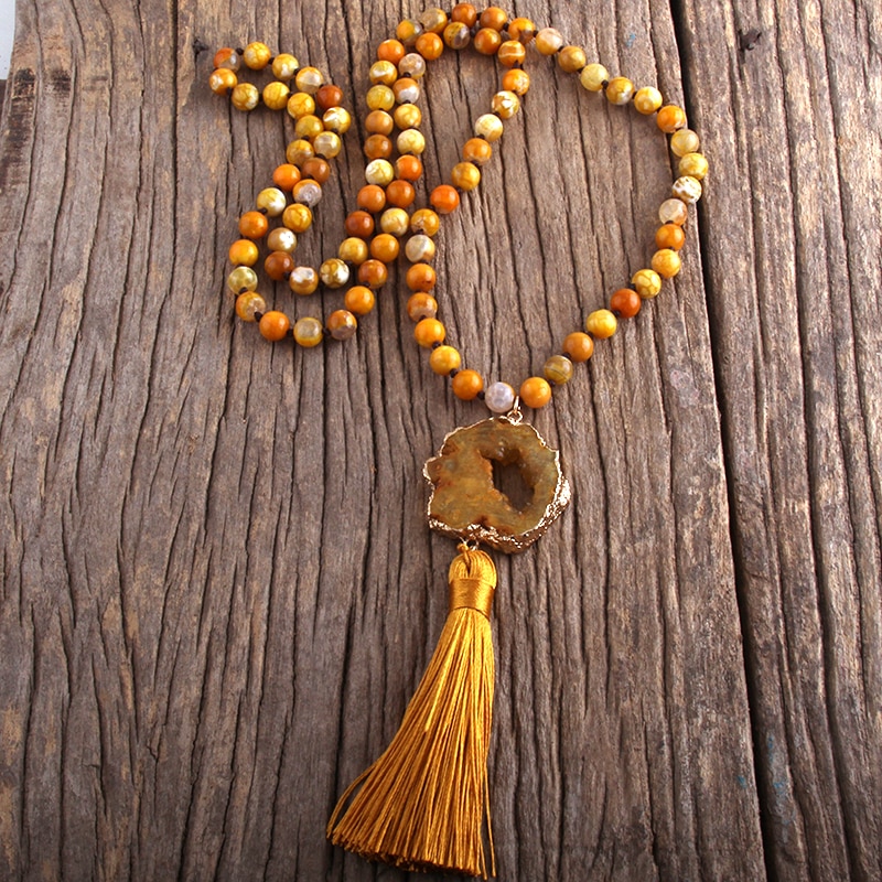 Bohemian Knotted Druzy Stone Tassel Necklace