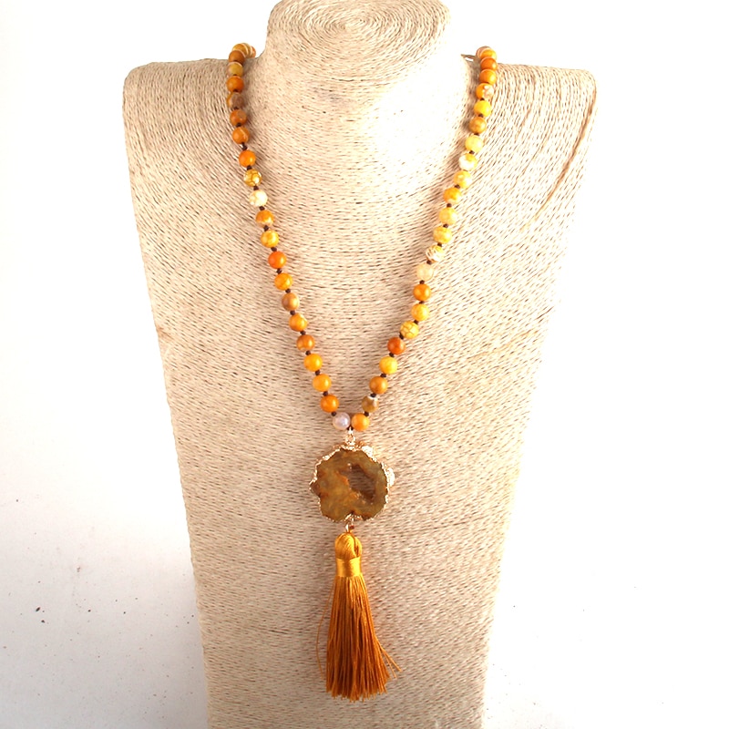 Bohemian Knotted Druzy Stone Tassel Necklace 6