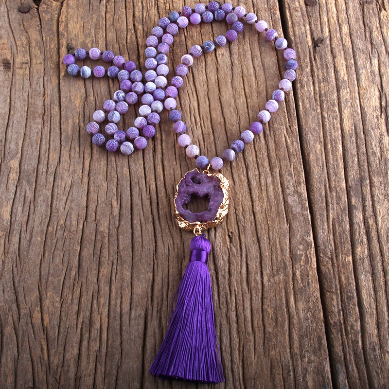 Bohemian Knotted Druzy Stone Tassel Necklace 3