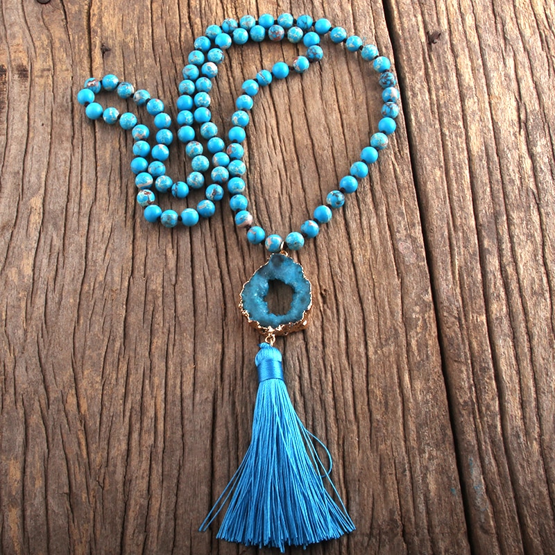 Bohemian Knotted Druzy Stone Tassel Necklace 7