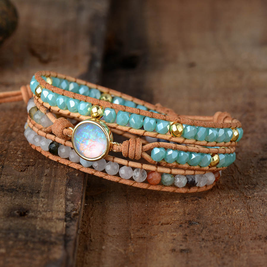 Women'S Boho Natural Opal Leather Wrap Bracelet 4