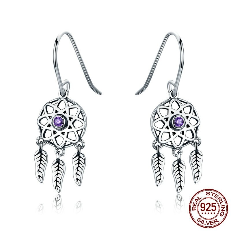 Women'S Sterling Silver Boho Dream Catcher Shaped Drop Earrings