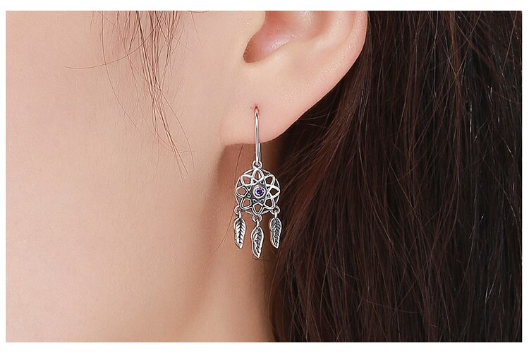 Women'S Sterling Silver Boho Dream Catcher Shaped Drop Earrings