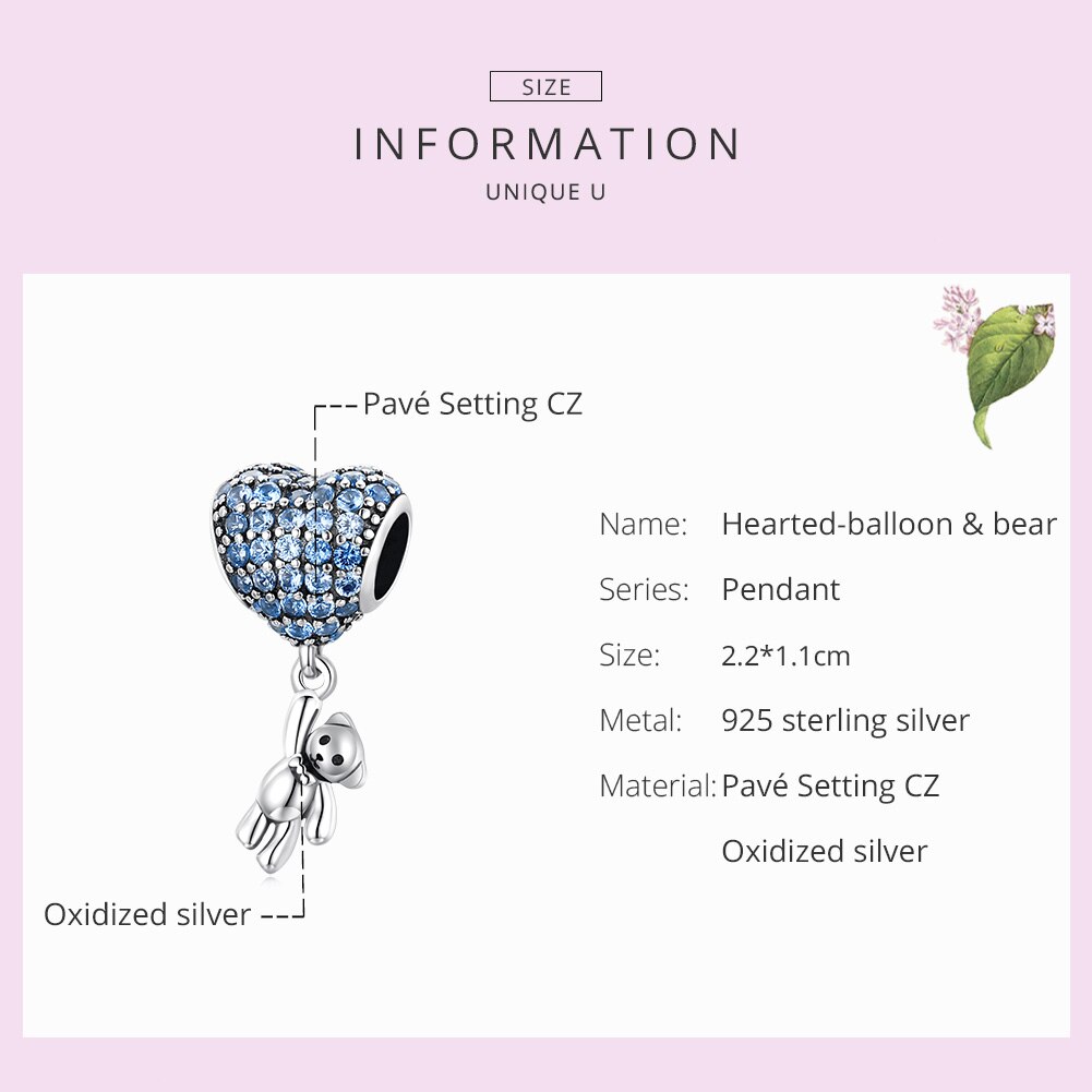 Rainbow Heart Blue Crystal Balloon Bear Charm 925 Sterling Silver 5